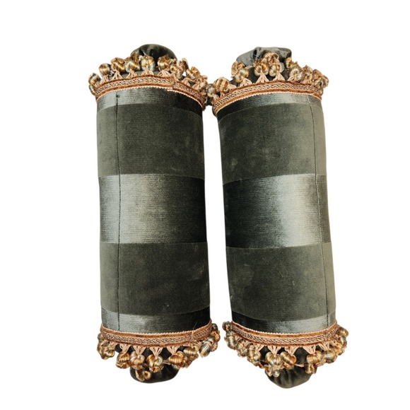 2 Vintage Velvet Bolster Accent Pillow Cylindrical Sage Fringe Pompom Tassels
